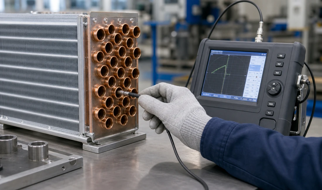 Eddy current probe inspecting heat exchanger tubes for hidden defects