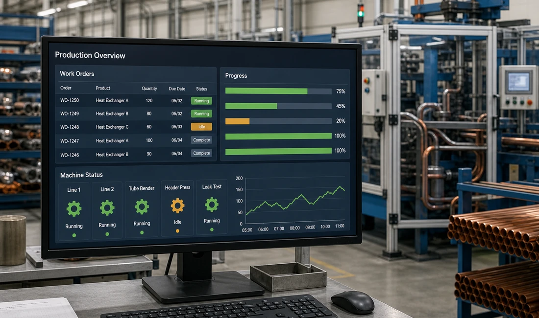 Manufacturing execution system dashboard tracking heat exchanger production
