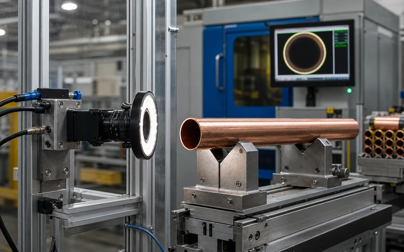 Machine vision system inspecting heat exchanger components on the line
