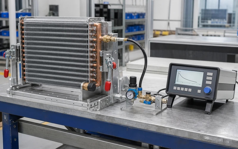 Pressure decay equipment testing a heat exchanger assembly for leaks
