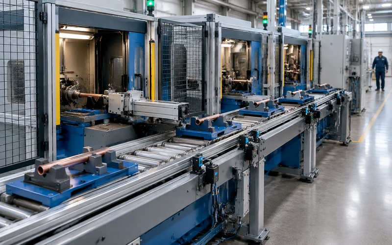 Automated material transfer linking machines on a production line