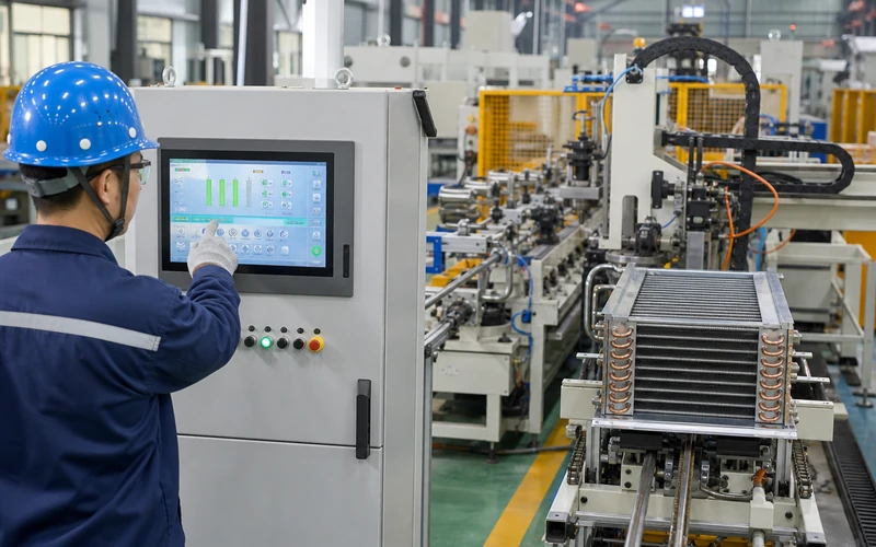 Operator monitoring an automated coil line through an HMI panel