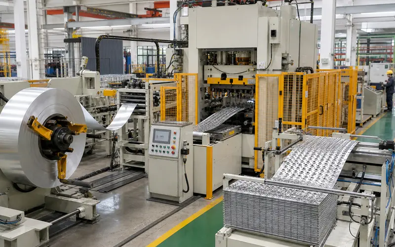 Automated aluminum fin press line for heat exchanger manufacturing