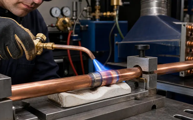 Brazing filler rod applied to a heated copper tube connection