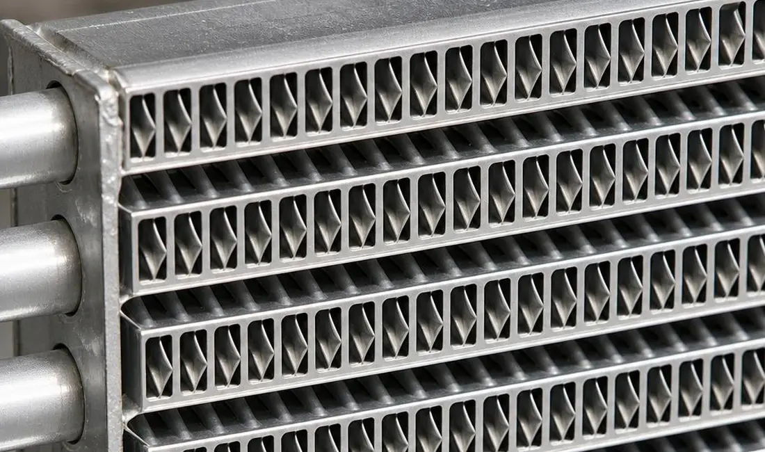 Close-up of louvered aluminum fins in a compact heat exchanger