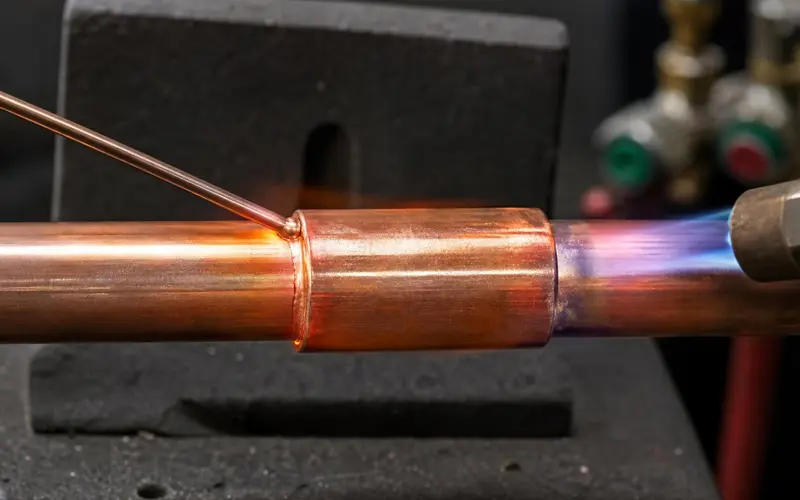 Copper tube joints being brazed on an HVAC heat exchanger coil