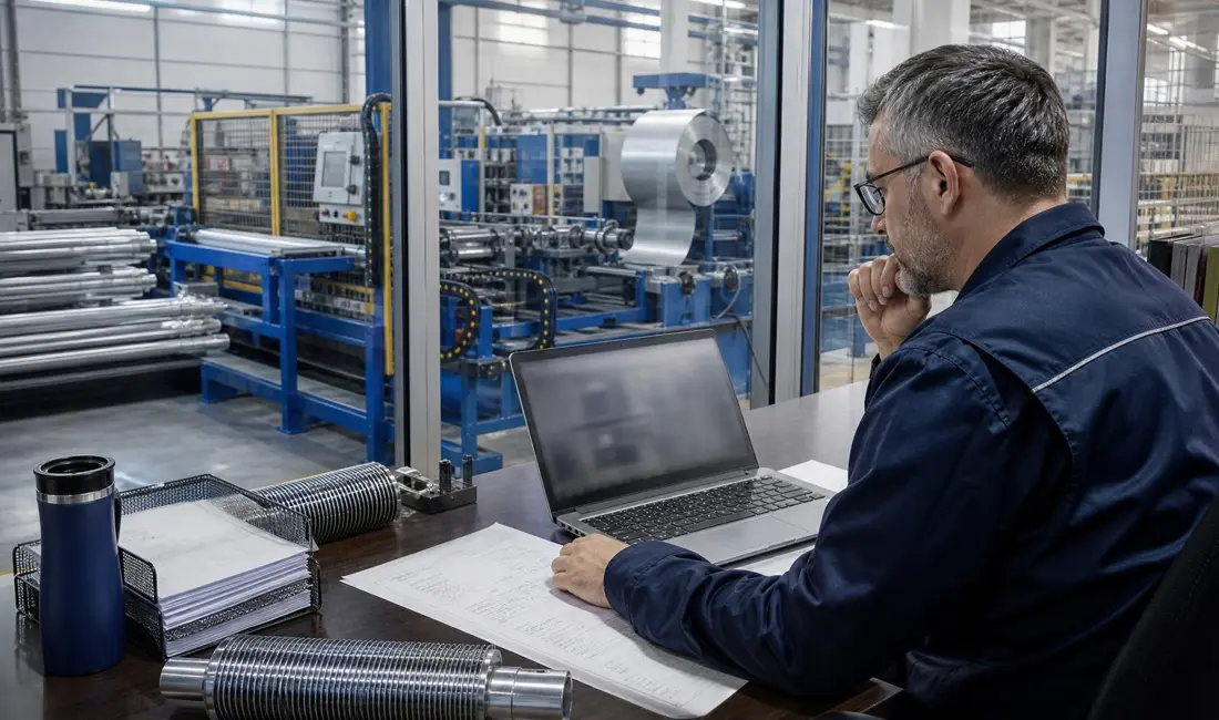 Engineer reviewing heat exchanger sizing calculations at a workstation