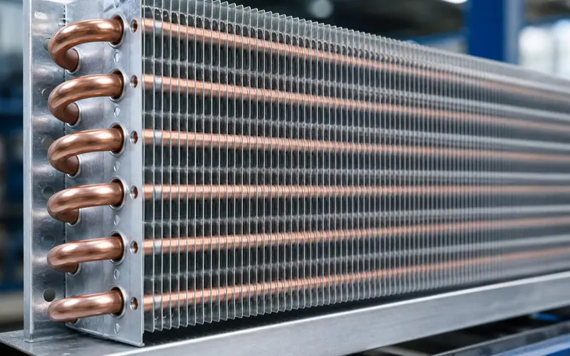 Fin-and-tube heat exchanger coil showing tubes passing through metal fins