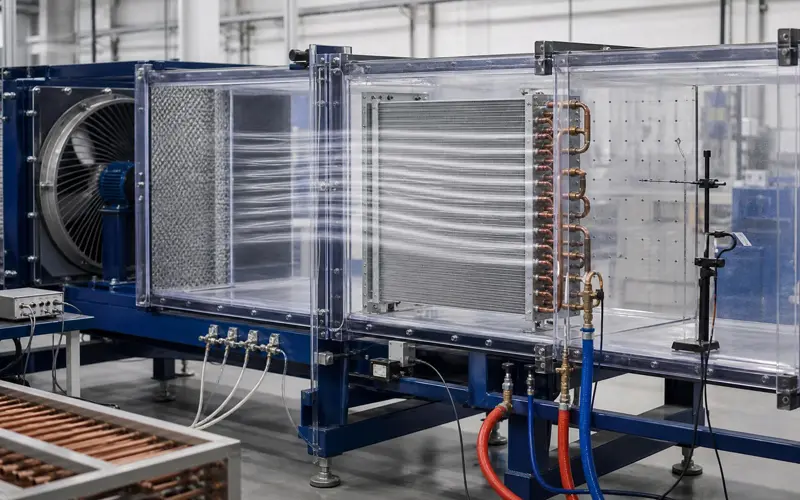 HVAC coil undergoing controlled airflow and thermal performance testing