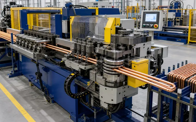 Hairpin tube bending machine forming copper tubing for HVAC coils