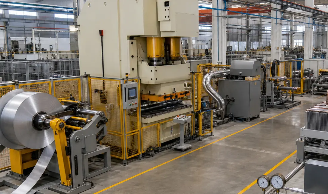 Heat exchanger production line operating inside a Chinese machinery factory