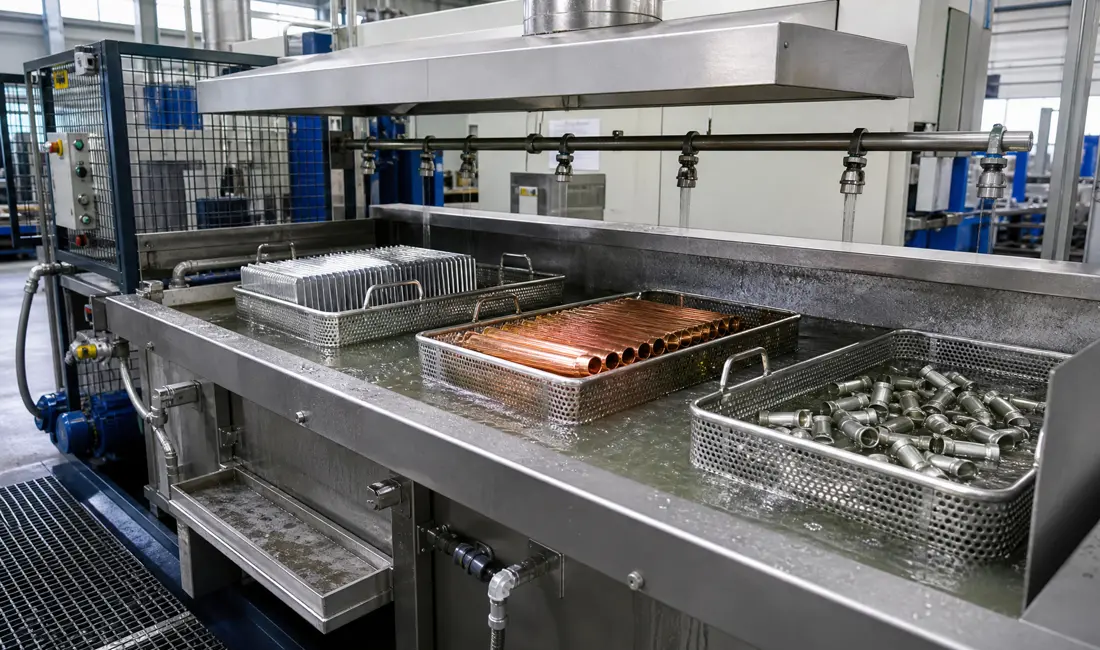 Industrial degreasing tank cleaning metal parts before brazing