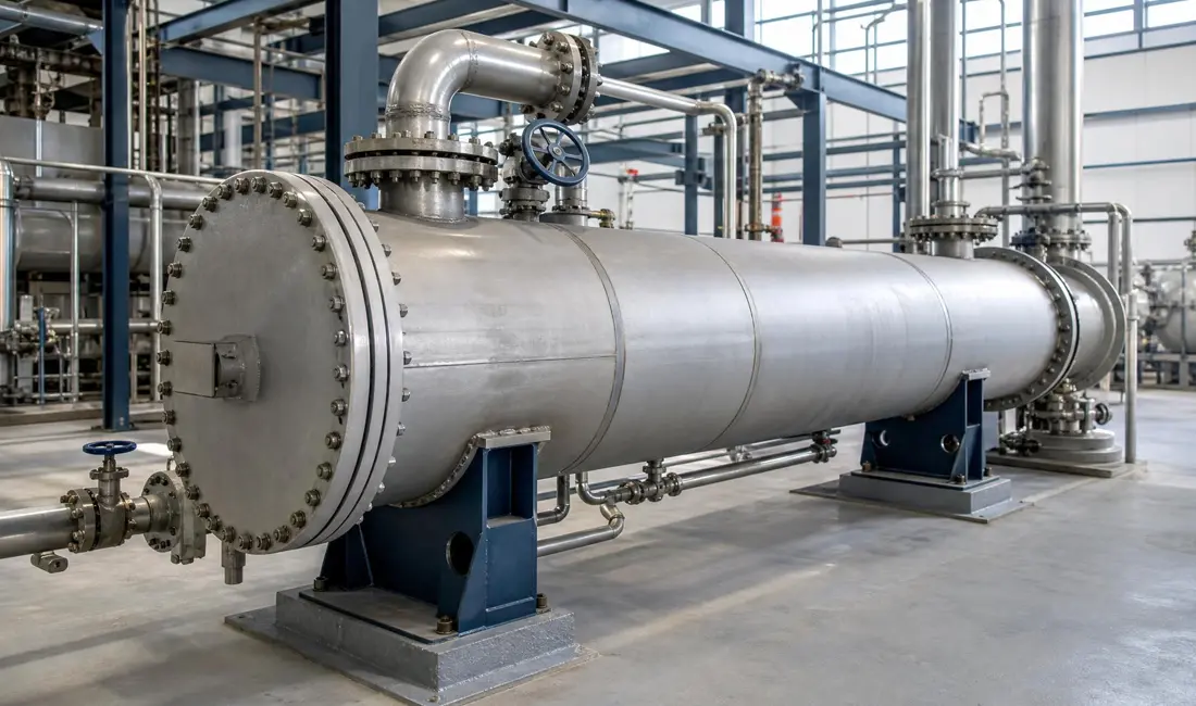 Industrial shell-and-tube heat exchanger installed with connected process piping