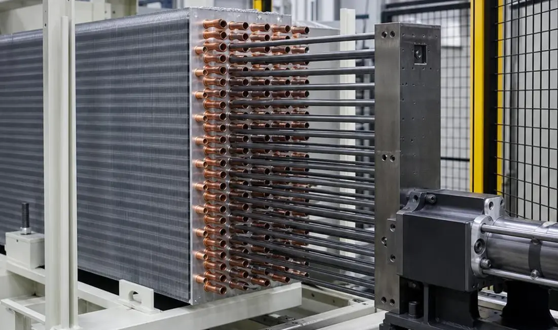 Mechanical tube expansion machine processing an HVAC fin-and-tube coil