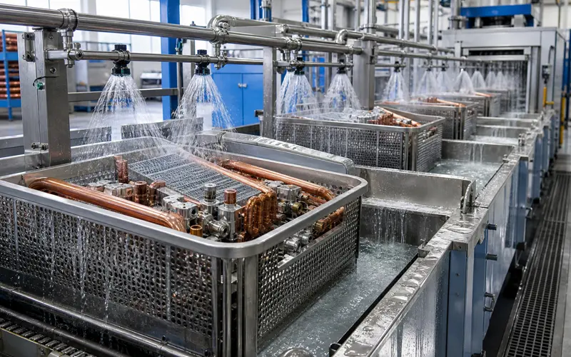 Metal heat exchanger parts being rinsed after chemical cleaning
