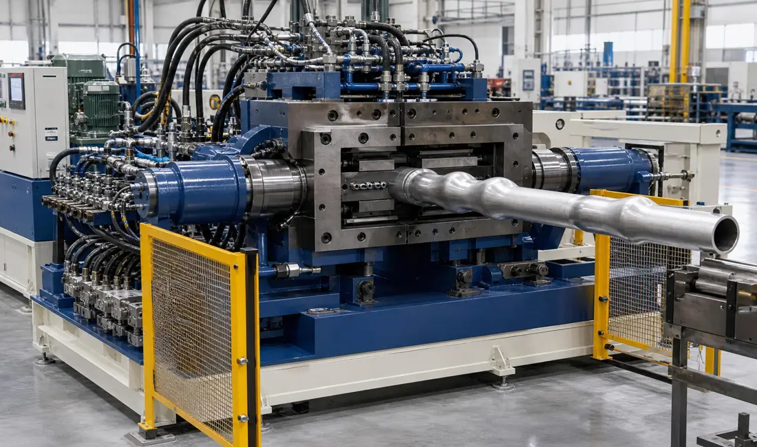 Metal tube hydroforming machine shaping a heat exchanger component