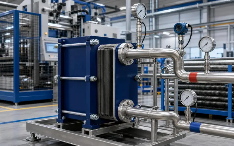 Plate heat exchanger fitted with temperature gauges on process lines