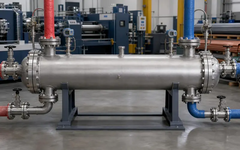 Shell-and-tube heat exchanger with visible hot and cold fluid connections