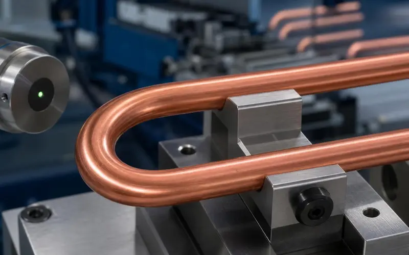 Smooth U-bend on a copper hairpin tube without visible deformation