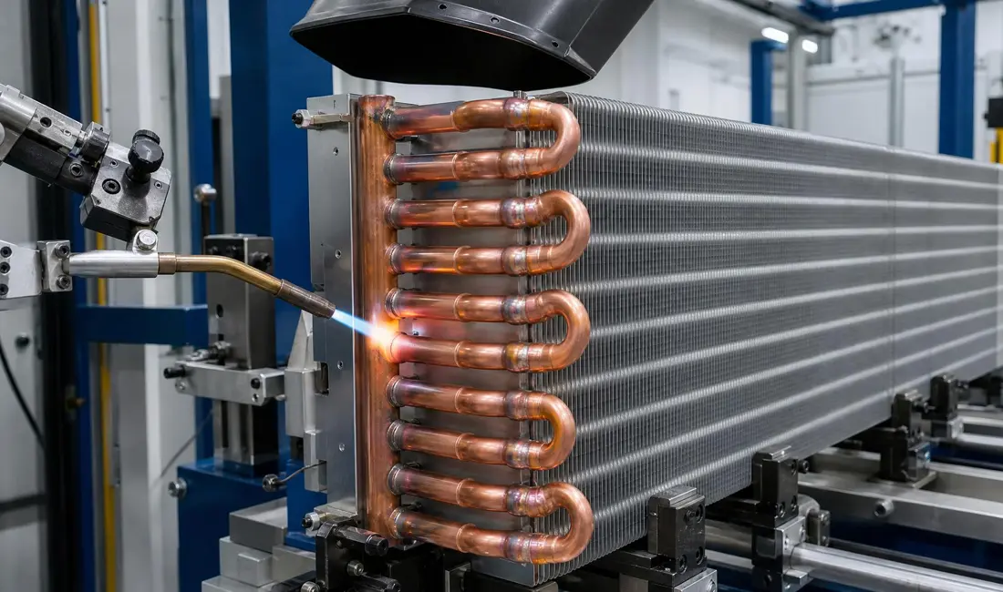 Technician brazing a copper tube joint with a controlled torch flame