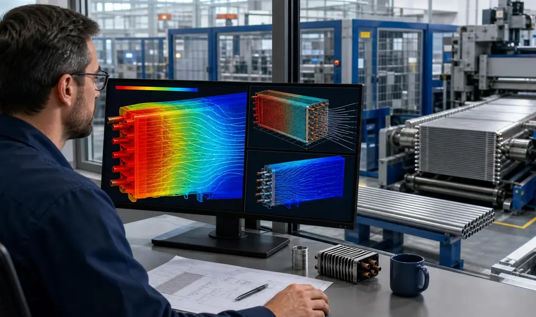 Thermal engineer reviewing a heat transfer simulation on a computer