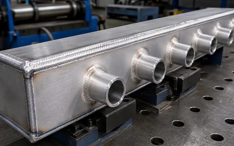 Welded aluminum manifold showing joints between the header and branch ports