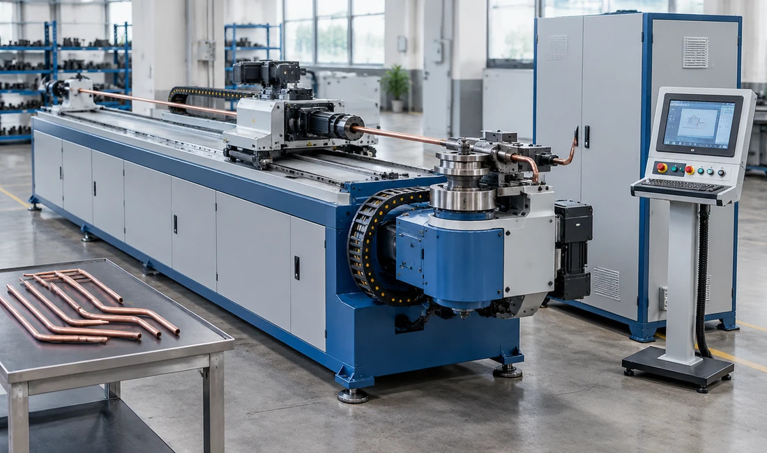 Operator entering bending parameters on a CNC tube bender control panel