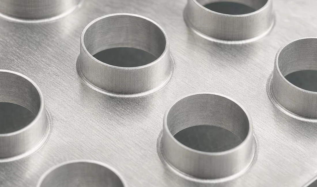 Close-up of formed collars around tube holes in an aluminum fin