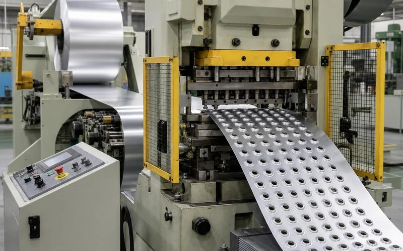 Fin press forming tube holes and collars in aluminum strip